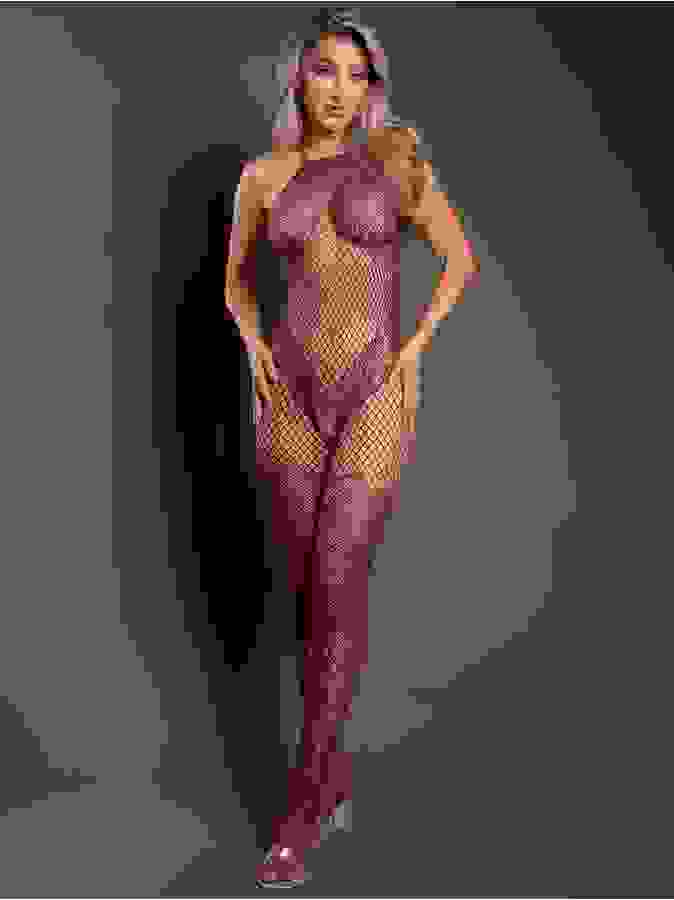Fantasy Lingerie Burgundy Lace Crotchless Bodystocking, Red, hi-res